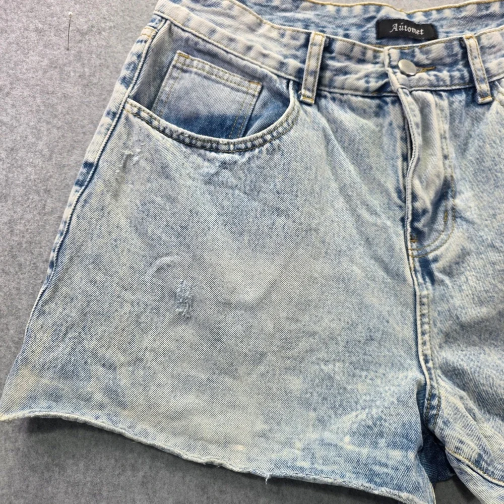 Automet Womens High Waisted‎ Denim Shorts Light Acid Wash Raw Hem Size L